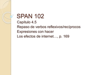 SPAN 102
Capítulo 4.5
Repaso de verbos reflexivos/recíprocos
Expresiones con hacer
Los efectos de internet…, p. 169
 
