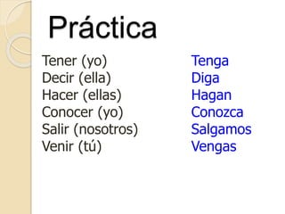 Práctica
Tener (yo)
Decir (ella)
Hacer (ellas)
Conocer (yo)
Salir (nosotros)
Venir (tú)
Tenga
Diga
Hagan
Conozca
Salgamos
Vengas
 