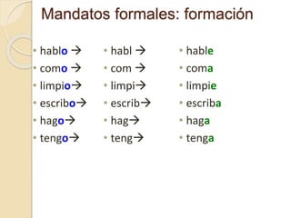 Mandatos formales: formación
• hablo 
• como 
• limpio
• escribo
• hago
• tengo
• habl 
• com 
• limpi
• escrib
• hag
• teng
• hable
• coma
• limpie
• escriba
• haga
• tenga
 