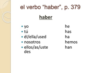 el verbo “haber”, p. 379
 yo
 tú
 él/ella/used
 nosotros
 ellos/as/uste
des
he
has
ha
hemos
han
haber
 