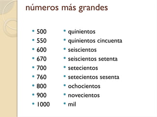 números más grandes
 quinientos
 quinientos cincuenta
 seiscientos
 seiscientos setenta
 setecientos
 setecientos sesenta
 ochocientos
 novecientos
 mil
 500
 550
 600
 670
 700
 760
 800
 900
 1000
 