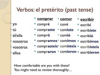 Verbos: el pretérito (past tense)
 comprar
 compré
 compraste
 compró
 compramos
 comprasteis
 compraron
 escribir
 escribí
 escribiste
 escribió
 escribimos
 escribisteis
 escribieron
• comer
• comí
• comiste
• comió
• comimos
• comisteis
• comieron
How comfortable are you with these?
You might need to review thoroughly…
• yo
• tú
• él/ella
• nosotros
• vosotros
• ellos
 