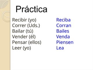 Práctica
Recibir (yo)
Correr (Uds.)
Bailar (tú)
Vender (él)
Pensar (ellos)
Leer (yo)
Reciba
Corran
Bailes
Venda
Piensen
Lea
 