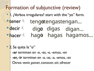 Formation of subjunctive (review)
 1. ¿Verbos irregulares? start with the “yo” form.
tener
decir
hacer
 2. Se quita la “o”
◦ -ar terminan en -e, -es, -e, -emos, -en
◦ -er, -ir terminan en -a, -as, -a, -amos, -an
◦ Otros: venir, poner, conocer, oir, ofrecer
tengo
o
dig
o
hag
a
a
a
tengan…
digan…
tengas
hagamos…
hagas
digas
 
