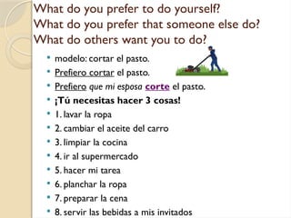 What do you prefer to do yourself?
What do you prefer that someone else do?
What do others want you to do?
 modelo: cortar el pasto.
 Prefiero cortar el pasto.
 Prefiero que mi esposa corte el pasto.
 ¡Tú necesitas hacer 3 cosas!
 1. lavar la ropa
 2. cambiar el aceite del carro
 3. limpiar la cocina
 4. ir al supermercado
 5. hacer mi tarea
 6. planchar la ropa
 7. preparar la cena
 8. servir las bebidas a mis invitados
 