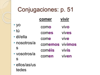 Conjugaciones: p. 51
• yo
• tú
• él/ella
• nosotros/a
s
• vosotros/a
s
• ellos/as/us
tedes
como
comes
come
comemos
coméis
comen
comer vivir
vivo
vives
vive
vivimos
vivís
viven
 