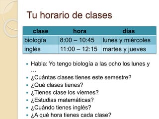 Tu horario de clases
 Habla: Yo tengo biología a las ocho los lunes y
…
 ¿Cuántas clases tienes este semestre?
 ¿Qué clases tienes?
 ¿Tienes clase los viernes?
 ¿Estudias matemáticas?
 ¿Cuándo tienes inglés?
 ¿A qué hora tienes cada clase?
clase hora días
biología 8:00 – 10:45 lunes y miércoles
inglés 11:00 – 12:15 martes y jueves
 