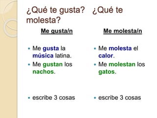 ¿Qué te gusta? ¿Qué te
molesta?
Me gusta/n
 Me gusta la
música latina.
 Me gustan los
nachos.
 escribe 3 cosas
Me molesta/n
 Me molesta el
calor.
 Me molestan los
gatos.
 escribe 3 cosas
 