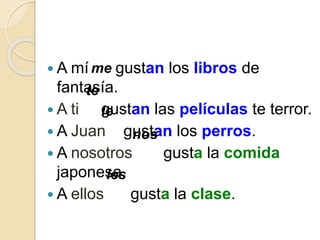  A mí gustan los libros de
fantasía.
 A ti gustan las películas te terror.
 A Juan gustan los perros.
 A nosotros gusta la comida
japonesa.
 A ellos gusta la clase.
me
te
le
nos
les
 