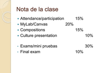 Nota de la clase
 Attendance/participation 15%
 MyLab/Canvas 20%
 Compositions 15%
 Culture presentation 10%
• Exams/mini pruebas 30%
• Final exam 10%
 
