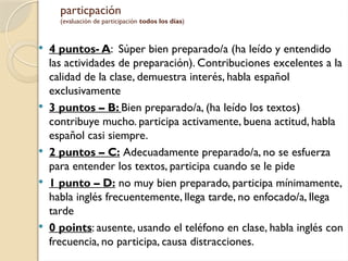 particpación
(evaluación de participación todos los días)
 4 puntos- A: Súper bien preparado/a (ha leído y entendido
las actividades de preparación). Contribuciones excelentes a la
calidad de la clase, demuestra interés, habla español
exclusivamente
 3 puntos – B: Bien preparado/a, (ha leído los textos)
contribuye mucho. participa activamente, buena actitud, habla
español casi siempre.
 2 puntos – C: Adecuadamente preparado/a, no se esfuerza
para entender los textos, participa cuando se le pide
 1 punto – D: no muy bien preparado, participa mínimamente,
habla inglés frecuentemente, llega tarde, no enfocado/a, llega
tarde
 0 points: ausente, usando el teléfono en clase, habla inglés con
frecuencia, no participa, causa distracciones.
 