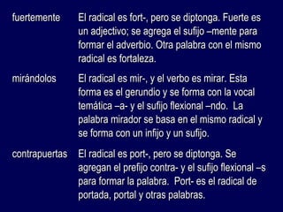 ffuueerrtteemmeennttee EEll rraaddiiccaall eess ffoorrtt--,, ppeerroo ssee ddiippttoonnggaa.. FFuueerrttee eess 
uunn aaddjjeeccttiivvoo;; ssee aaggrreeggaa eell ssuuffiijjoo ––mmeennttee ppaarraa 
ffoorrmmaarr eell aaddvveerrbbiioo.. OOttrraa ppaallaabbrraa ccoonn eell mmiissmmoo 
rraaddiiccaall eess ffoorrttaalleezzaa.. 
mmiirráánnddoollooss EEll rraaddiiccaall eess mmiirr--,, yy eell vveerrbboo eess mmiirraarr.. EEssttaa 
ffoorrmmaa eess eell ggeerruunnddiioo yy ssee ffoorrmmaa ccoonn llaa vvooccaall 
tteemmááttiiccaa ––aa-- yy eell ssuuffiijjoo fflleexxiioonnaall ––nnddoo.. LLaa 
ppaallaabbrraa mmiirraaddoorr ssee bbaassaa eenn eell mmiissmmoo rraaddiiccaall yy 
ssee ffoorrmmaa ccoonn uunn iinnffiijjoo yy uunn ssuuffiijjoo.. 
ccoonnttrraappuueerrttaass EEll rraaddiiccaall eess ppoorrtt--,, ppeerroo ssee ddiippttoonnggaa.. SSee 
aaggrreeggaann eell pprreeffiijjoo ccoonnttrraa-- yy eell ssuuffiijjoo fflleexxiioonnaall ––ss 
ppaarraa ffoorrmmaarr llaa ppaallaabbrraa.. PPoorrtt-- eess eell rraaddiiccaall ddee 
ppoorrttaaddaa,, ppoorrttaall yy oottrraass ppaallaabbrraass.. 
 