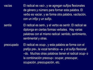 vvaaccííaass EEll rraaddiiccaall eess vvaaccii--,, yy ssee aaggrreeggaann ssuuffiijjooss fflleexxiioonnaalleess 
ddee ggéénneerroo yy nnúúmmeerroo ppaarraa ffoorrmmaarr eessttaa ppaallaabbrraa.. EEll 
vveerrbboo eess vvaacciiaarr,, yy ssee ffoorrmmaa oottrraa ppaallaabbrraa,, vvaacciillaacciióónn,, 
ccoonn uunn iinnffiijjoo yy uunn ssuuffiijjoo.. 
sseennttííaa EEll rraaddiiccaall eess sseenntt--,, yy eell vveerrbboo eess sseennttiirr.. EEll rraaddiiccaall ssee 
ddiippttoonnggaa eenn cciieerrttaass ffoorrmmaass vveerrbbaalleess.. HHaayy vvaarriiaass 
ppaallaabbrraass ccoonn eell mmiissmmoo rraaddiiccaall:: sseennttiiddoo,, sseennttiimmiieennttoo,, 
sseennttiimmeennttaall yy oottrraass.. 
pprreeooccuuppaaddoo EEll rraaddiiccaall eess ooccuupp--,, yy eessttaa ppaallaabbrraa ssee ffoorrmmaa ccoonn eell 
pprreeffiijjoo pprree--,, llaa vvooccaall tteemmááttiiccaa ––aa-- yy eell ssuuffiijjoo fflleexxiioonnaall 
––ddoo.. MMuucchhaass oottrraass ppaallaabbrraass ttiieenneenn eell rraaddiiccaall ooccuupp-- oo 
llaa ccoommbbiinnaacciióónn pprreeooccuupp--:: ooccuuppaarr,, pprreeooccuuppaarr,, 
ooccuuppaacciióónn,, pprreeooccuuppaacciióónn,, eettcc.. 
 