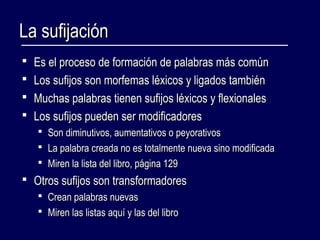 LLaa ssuuffiijjaacciióónn 
 EEss eell pprroocceessoo ddee ffoorrmmaacciióónn ddee ppaallaabbrraass mmááss ccoommúúnn 
 LLooss ssuuffiijjooss ssoonn mmoorrffeemmaass llééxxiiccooss yy lliiggaaddooss ttaammbbiiéénn 
 MMuucchhaass ppaallaabbrraass ttiieenneenn ssuuffiijjooss llééxxiiccooss yy fflleexxiioonnaalleess 
 LLooss ssuuffiijjooss ppuueeddeenn sseerr mmooddiiffiiccaaddoorreess 
 SSoonn ddiimmiinnuuttiivvooss,, aauummeennttaattiivvooss oo ppeeyyoorraattiivvooss 
 LLaa ppaallaabbrraa ccrreeaaddaa nnoo eess ttoottaallmmeennttee nnuueevvaa ssiinnoo mmooddiiffiiccaaddaa 
 MMiirreenn llaa lliissttaa ddeell lliibbrroo,, ppáággiinnaa 112299 
 OOttrrooss ssuuffiijjooss ssoonn ttrraannssffoorrmmaaddoorreess 
 CCrreeaann ppaallaabbrraass nnuueevvaass 
 MMiirreenn llaass lliissttaass aaqquuíí yy llaass ddeell lliibbrroo 
 