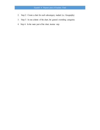 Español 4: Repaso para el Examen Final
2. Step 2: Create a chart for each subcategory studied (i.e. Geography)
3. Step 3: In one column of the chart, list general overriding categories.
4. Step 4: In the main part of the chart, itemize step
 