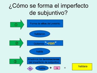 ¿Cómo se forma el imperfecto
      de subjuntivo?
        Forma de ellos del pretérito
  

            hablaron
            HABLAR



           Quitamos “-ron”


             habla

      Añadimos las terminaciones
      del imperfecto de subjuntivo
                                           hablara
       Yo       habla          ra     =
 