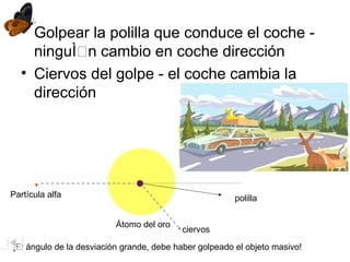 • Golpear la polilla que conduce el coche -
ninguÌn cambio en coche dirección
• Ciervos del golpe - el coche cambia la
dirección
Partícula alfa
¡El ángulo de la desviación grande, debe haber golpeado el objeto masivo!
polilla
ciervos
Átomo del oro
 