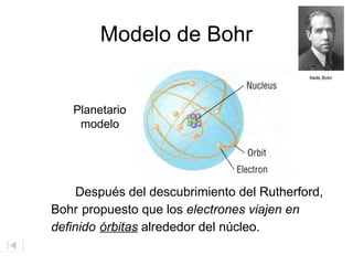 Modelo de Bohr
Después del descubrimiento del Rutherford,
Bohr propuesto que los electrones viajen en
definido órbitas alrededor del núcleo.
Planetario
modelo
Neils Bohr
 