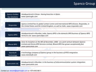 Spanco Group Headquartered in Oman. Having branches in Qatar.  www.spancogks.com Spanco Golden Key Solutions Spanco Limited has its global contact centre and International BPO division, Respondez, in the United States and the United Kingdom, as well as India. www.respondez.com Respondez Headquartered in Mumbai, India, Spanco BPO is the domestic BPO business of Spanco BPO Ventures Ltd. www.spancobpo.com  Spanco BPO Since its inception on the 8th of December, 2006 - as a joint venture between Spanco Limited and Omnia BPO Services Limited, Bharat BPO has grown exceptionally fast. www.spancotele.com  Bharat BPO A technology company of Spanco group in the business of RFID integration. www.skandsoft.com  Skandsoft Technology Headquartered in Mumbai. In the business of telecommunication system integration. www.spancotele.com  Spancotele Ltd. Contact us-  [email_address]  or +974-44518611 