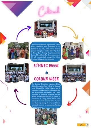 Sims
pandana


The cultural Committee organized the Ethnic
Week Celebration from September 13 to
September 17, 2021, with several themes
planned during the week like Retro Day, Back
to School Day, Twining Day, Professionals
Day, and Grand Ethic Day all commemorated.
We all enthusiastically engaged in Ethnic
Week and had a good time at campus.
ETHNIC WEEK
COLOUR WEEK
&
th
th
The Cultural Committee organized Colour
Week Celebration from Feb 28 to March 3,
2022, followed by Fresher’s Party. We all
enthusiastically engaged in Colour week and
had a good time on campus. Red Colour
indicated to create an awareness on save
Blood, Blue Colour indicated to create an
awareness of saving water, White color
indicated to create an awareness of peace
and harmony among all of us and Green
indicated to create an awareness of saving
the environment.
th rd
19
 