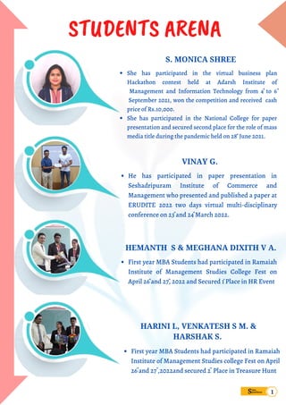 She has participated in the virtual business plan
Hackathon contest held at Adarsh Institute of
Management and Information Technology from 4 to 6
September 2021, won the competition and received cash
price of Rs.10,000.
She has participated in the National College for paper
presentation and secured second place for the role of mass
media title during the pandemic held on 28 June 2021.
th th
th
STUDENTS ARENA
HARINI L, VENKATESH S M. &
HARSHAK S.
First year MBA Students had participated in Ramaiah
Institute of Management Studies college Fest on April
26 and 27 ,2022and secured 2 Place in Treasure Hunt
th
th nd
S. MONICA SHREE
VINAY G.
He has participated in paper presentation in
Seshadripuram Institute of Commerce and
Management who presented and published a paper at
ERUDITE 2022 two days virtual multi-disciplinary
conference on 23 and 24 March 2022.
rd th
HEMANTH S & MEGHANA DIXITH V A.
First year MBA Students had participated in Ramaiah
Institute of Management Studies College Fest on
April 26 and 27, 2022 and Secured 1 Place in HR Event
th th st
Sims
pandana 1
 