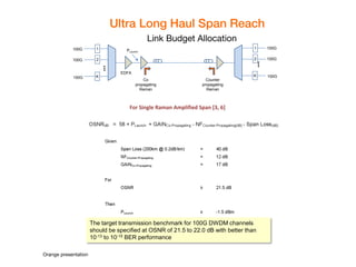 Orange presentation 
Ultra Long Haul Span Reach 
Link Budget Allocation 
1 
Co 
propagating 
Raman 
Counter 
propagating 
Raman 
K 
2 
EDFA 
••• 
1 
K 
2 
••• 
100G 
100G 
100G 
100G 
100G 
100G 
PLaunch 
For Single Raman Amplified Span [3, 6] 
The target transmission benchmark for 100G DWDM channels should be specified at OSNR of 21.5 to 22.0 dB with better than 10-13 to 10-15 BER performance  