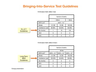 Orange presentation 
Bringing-Into-Service Test Guidelines 
S.L.A.T. Guidelines 
Long-Term BER Guidelines  