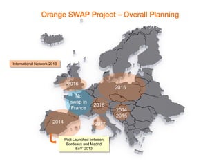 interne Orange 
2 
Orange SWAP Project – Overall Planning 
2014 
2017 
2016 
No swap in France 
2016 
2015 
2014 
2015 
International Network 2013 
Pilot Launched between 
Bordeaux and Madrid 
EoY’ 2013  