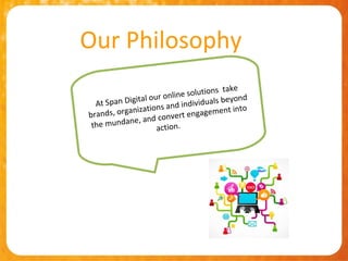 Our Philosophy
                                           ake
                      r online solutions t
  At S pan Digital ou            ividuals bey
                                              ond
                         and ind
brands, or ganizations       t engageme
                                           nt into
                     conver
 the mu  ndane, and
                     action.
 
