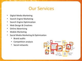 Our Services
•   Digital Media Marketing
•   Search Engine Marketing
•   Search Engine Optimization
•   Web Design & Creatives
•   Online Advertising
•   Mobile Marketing
•   Social Media Marketing & Optimization
     • Brand audits
     • Competition analysis
     • Social networks
 