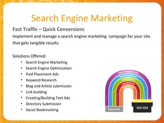 Search Engine Marketing
Fast Traffic – Quick Conversions
Implement and manage a search engine marketing campaign for your site
that gets tangible results.

Solutions Offered:
    •   Search Engine Marketing
    •   Search Engine Optimization
    •   Paid Placement Ads
    •   Keyword Research
    •   Blog and Article submission
    •   Link building
    •   Creating/Building Text Ads
    •   Directory Submission
    •   Social Bookmarking
 
