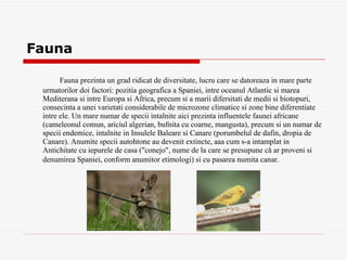 Fauna Fauna prezint a  un grad ridicat de diversitate, lucru care se datoreaz a   i n mare parte urm a torilor doi factori: pozi t ia geografic a  a Spaniei,  i ntre oceanul Atlantic  s i marea Mediteran a   s i  in tre Europa  s i Africa, precum  s i a marii difersit at i de medii  s i biotopuri, consecin ta  a unei variet at i considerabile de microzone climatice  s i zone bine diferen t iate  i ntre ele . U n mare num a r de specii  i nt a lnite aici prezint a  influen t ele faunei africane (cameleonul comun, ariciul algerian, bufni t a cu coarne, mangusta), precum  s i un num a r de specii endemice,  i nt a lnite  i n Insulele Baleare  s i Canare (porumbelul de dafin, dropia de Canare). Anumite specii autohtone au devenit extincte, a a a cum s-a  i nt a mplat  i n Antichitate cu iepurele de cas a  ("conejo", nume de la care se presupune că ar proveni  s i denumirea Spaniei, conform anumitor etimologi)  s i cu pas a rea numit a  canar.   
