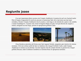 Regiunile joase Cea mai important a  dintre acestea este C a mpia Andaluziei, în partea de sud vest,   bazinul r a ului  Ebro (C a mpia Aragonului) în nord est, precum  s i numeroase f as ii, de-o mai mic a  sau mai mare  extindere, litorale. C a mpia   Andaluziei este în esen t a o vale larg a  ce de  i ntinde de-o parte  s i de cealalt a   a r a ului Guadalquivir. Aceasta vale cre s te în l a rgime dinpre est spre vest (pe direc t ia de curgere a  r a ului), ating a nd cea mai larg a  po t iune  in aproprierea golfului Cadiz. Zona litoral a  se prezint a  sub forma unor f as ii  i nguste litorale, m a rginite spre interior de sisteme  montane. Cele mai extinse astfel de f as ii se  i nt a lnesc de-a lungul Golfului Cadiz, unde C a mpia  Andaluziei se uneşte cu cea litoral a . Cea mai  i ngust a  zon a  de c a mpie litoral a   s e g a se s te de-a lungul  golfului Biscaia, unde Cordiliera Cantabric a  se termin a  brusc în apropierea  ta rmului.  