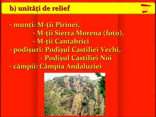 b ) unităţi de relief munţi: M - ţii Pirinei, M-ţii  Sierra Morena  (foto) ,  M - ţii Cantabrici podişuri: Podişul Castiliei Vechi, -  Podişul Castiliei Noi -  câmpii: Câmpia Andaluziei 