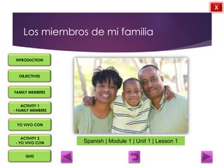 OBJECTIVES
FAMILY MEMBERS
ACTIVITY 1
- FAMILY MEMBERS
ACTIVITY 2
- YO VIVO CON
QUIZ
INTRODUCTION
X
YO VIVO CON
Los miembros de mi familia
Spanish | Module 1 | Unit 1 | Lesson 1
 