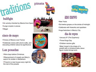 traditions bullfight An activity inherited by Mexico from Spain  Large crowds in arenas Illegal cinco de mayo Victory of Mexico over France Celebrate victory with arts & crafts, and educating children about its significance Las posadas Nine days before Christmas Reenactment of Joseph and Mary’s search for shelter in Bethlehem  Travel to a new house every night for the rest of the posada  ano nuevo New Years  Eat twelve grapes on the stroke of midnight  Celebrate with fireworks and sparklers Huge festivities in Mexico City dia de reyes January 6 th  (The Epiphany)  Three Kings Day Children receive gifts  Meal: bread in the shape of a wreath with a miniature baby Jesus figure inside (brings luck)  pinata 