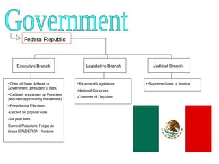 Government Federal Republic Executive Branch Legislative Branch Judicial Branch Chief of State & Head of Government (president’s titles) Cabinet: appointed by President (required approval by the senate) Presidential Elections: -Elected by popular vote -Six year term Current President: Felipe de Jesus CALDERON Hinojosa     Bicameral Legislature -National Congress -Chamber of Deputies Supreme Court of Justice 