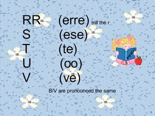 RR  (erre)   trill the r S  (ese) T  (te) U  (oo) V  (ve)    B/V are pronounced the same 