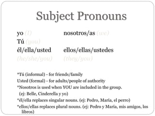 Subject Pronouns
yo (I) nosotros/as (we)
Tú (you)
él/ella/usted ellos/ellas/ustedes
(he/she/you) (they/you)
*Tú (informal) - for friends/family
Usted (formal) - for adults/people of authority
*Nosotros is used when YOU are included in the group.
(ej: Belle, Cinderella y yo)
*él/ella replaces singular nouns. (ej: Pedro, María, el perro)
*ellos/ellas replaces plural nouns. (ej: Pedro y María, mis amigos, los
libros)
 