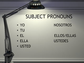 SUBJECT PRONOUNS YO  NOSOTROS TU  EL  ELLOS/ELLAS ELLA  USTEDES USTED  