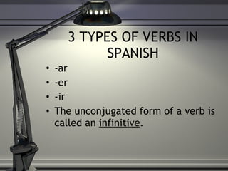 3 TYPES OF VERBS IN SPANISH -ar -er -ir The unconjugated form of a verb is called an  infinitive .  