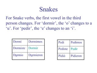SnakesFor Snake verbs, the first vowel in the third person changes. For ‘dormir’, the ‘o’ changes to a ‘u’. For ‘pedir’, the ‘e’ changes to an ‘i’.