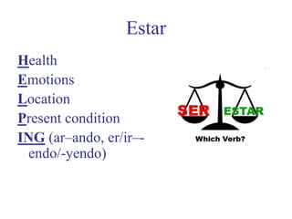 EstarHealthEmotionsLocationPresent conditionING (ar–ando, er/ir–-endo/-yendo)