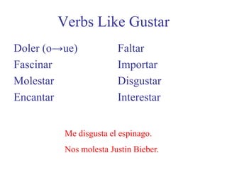 Verbs Like GustarDoler (o->ue)FascinarMolestarEncantarFaltarImportarDisgustarInterestarMe disgusta el espinago. Nos molesta Justin Bieber.