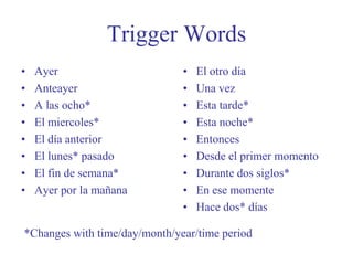 Trigger WordsAyerAnteayerA las ocho*El miercoles*El día anteriorEl lunes* pasadoEl fin de semana*Ayer por la mañanaEl otro día Una vezEsta tarde*Esta noche*EntoncesDesde el primer momentoDurante dos siglos*En ese momenteHace dos* días*Changes with time/day/month/year/time period