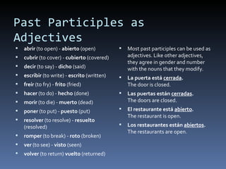 Past Participles as Adjectives abrir  (to open) -  abierto  (open) cubrir  (to cover) -  cubierto  (covered) decir  (to say) -  dicho  (said) escribir  (to write) -  escrito  (written) freír  (to fry) -  frito  (fried) hacer  (to do) -  hecho  (done) morir  (to die) -  muerto  (dead) poner  (to put) -  puesto  (put) resolver  (to resolve) -  resuelto  (resolved) romper  (to break) -  roto  (broken) ver  (to see) -  visto  (seen) volver  (to return)  vuelto  (returned) Most past participles can be used as adjectives. Like other adjectives, they agree in gender and number with the nouns that they modify. La puerta está  cerrada . The door is closed. Las puertas están  cerradas . The doors are closed. El restaurante está  abierto . The restaurant is open. Los restaurantes están  abiertos . The restaurants are open. 