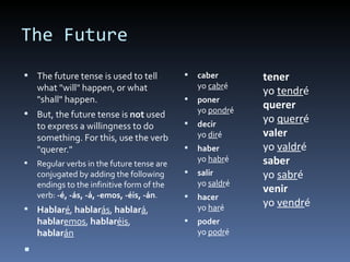 The Future The future tense is used to tell what "will" happen, or what "shall" happen. But, the future tense is  not  used to express a willingness to do something. For this, use the verb "querer." Regular verbs in the future tense are conjugated by adding the following  endings to the infinitive form of the verb:  -é, -ás, -á, -emos, -éis, -án . Hablar é ,  hablar ás ,  hablar á ,  hablar emos ,  hablar éis ,  hablar án caber yo  cabr é poner yo  pondr é decir yo  dir é haber yo  habr é salir yo  saldr é hacer yo  har é poder yo  podr é tener yo  tendr é querer yo  querr é valer yo  valdr é saber yo  sabr é venir yo  vendr é 
