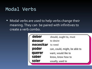 Modal Verbs Modal verbs are used to help verbs change their meaning. They can  be paired with infinitives to create a verb combo.    