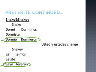 Snake&Snakey
   Snake
Dormi    Dormimos
Dormiste
Dormió Dormieron
                    Usted y ustedes change
    Snakey
Leí    leimos
Leíste
Leyo leyeron
 