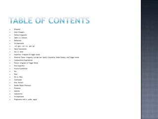    Presente
   Stem Changers
   Verbos Irregulares
   Saber v.s. Conocer
   Reflexivos
   Se impersonal
   -uir/-guir, -cer/-cir, -ger/-gir
   Hacer Expressions
   Ser v.s. estar
   Imperfect: irregulars & trigger words
   Preterite Tense: irregulars, car/gar/zar, Spock, Cucaracha, Snake/Snakey, and Trigger words
   Comparatives/Superlatives
   Future: Irregulars & Trigger Words
   Pret/Imperfect
   Future/Conditional
   Por
   Para
   Por vs. Para
   Commands
   Pres. Perfect
   Double Object Pronouns
   Pronouns
   Adverbs
   Subjunctive
   Se impersonal
   Progressive with ir, andar, seguir
 